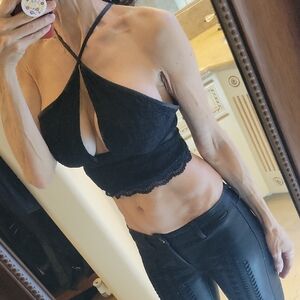 Marciano Black Lace Crowd Top w/ Faux Leather Trim,  XS